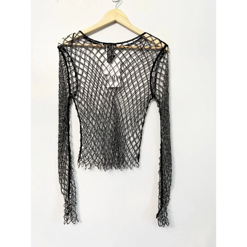 Zara Women’s XS Black Beaded Mesh Fishnet Top Alternative Goth Glam Festival